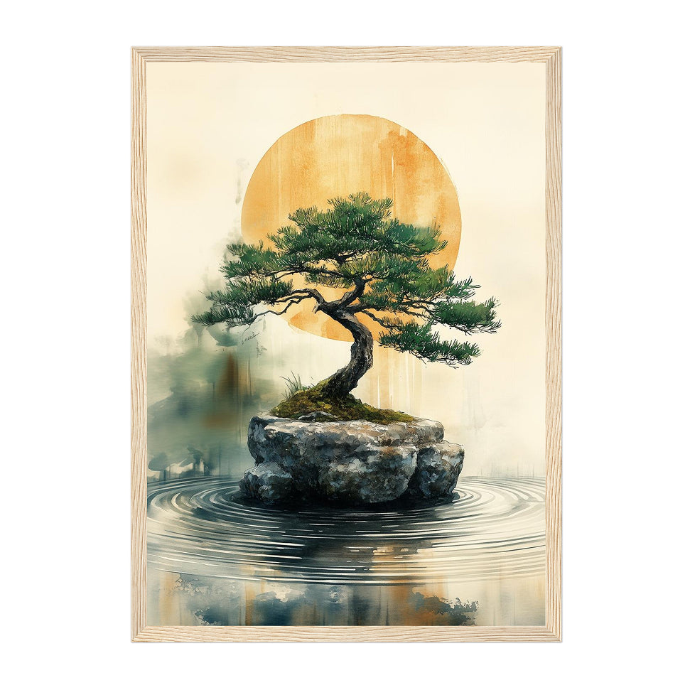 Japanese Watercolor Bonsai Art Print: Golden Sun Calm with Serene Zen Landscape