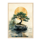 Japanese Watercolor Bonsai Art Print: Golden Sun Calm with Serene Zen Landscape