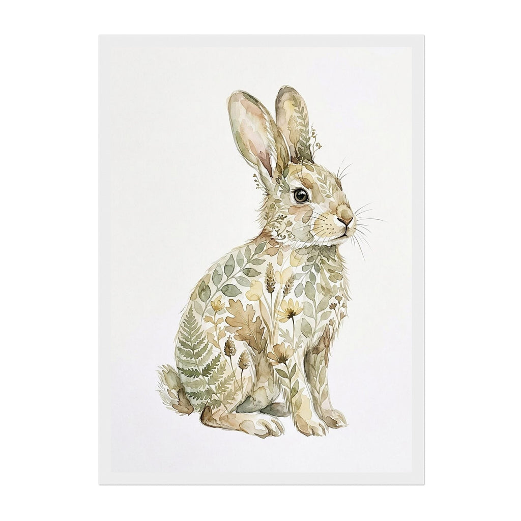 A vertical art print featuring a watercolor-style rabbit seated on a white background, with the rabbit's body filled with botanical leaf and flower illustrations in muted green, beige, and brown tones.