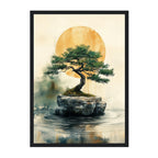 Framed artwork of a bonsai tree on a rock with a large sun in the background.