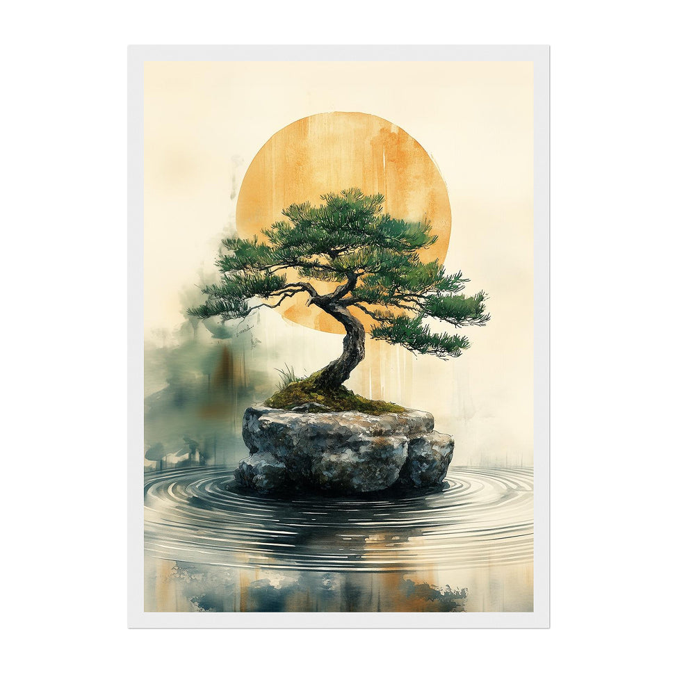 Japanese Watercolor Bonsai Art Print: Golden Sun Calm with Serene Zen Landscape