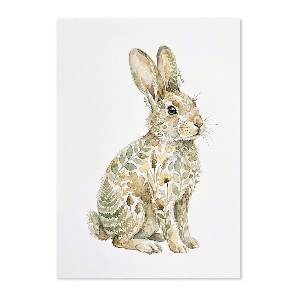 A vertical art print featuring a watercolor-style rabbit composed of botanical elements like leaves, stems, and flowers, set against a plain white background.