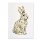 A vertical art print featuring a watercolor-style rabbit composed of botanical elements like leaves, stems, and flowers, set against a plain white background.