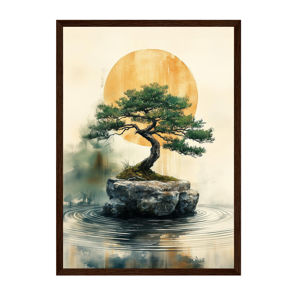 Japanese Watercolor Bonsai Art Print: Golden Sun Calm with Serene Zen Landscape
