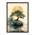 Japanese Watercolor Bonsai Art Print: Golden Sun Calm with Serene Zen Landscape