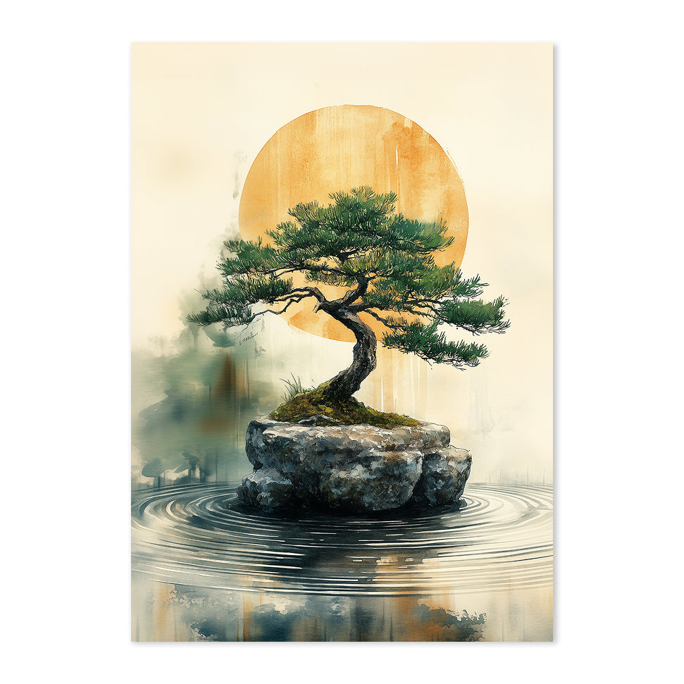 Artistic depiction of a bonsai tree on a rock with a large sun in the background