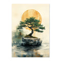Artistic depiction of a bonsai tree on a rock with a large sun in the background