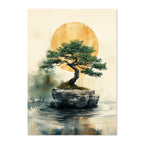 Artistic depiction of a bonsai tree on a rock with a large sun in the background