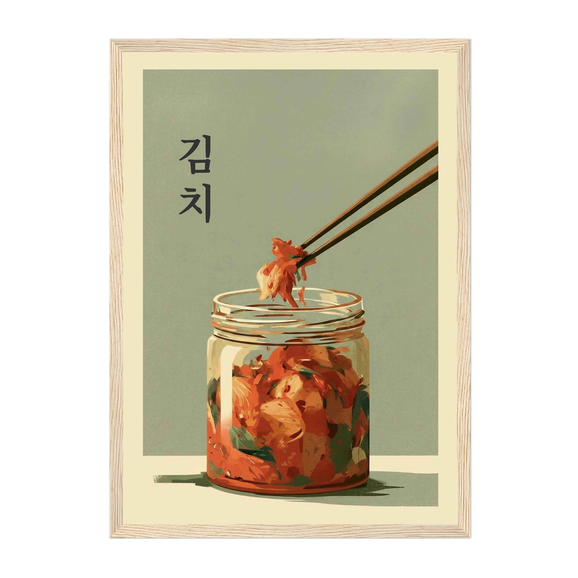 A framed art print featuring a stylized illustration of Korean kimchi in a glass jar, with chopsticks lifting some of the food. The print has a muted sage green background, black Korean text reading '생이', and a light wood frame on a white background.