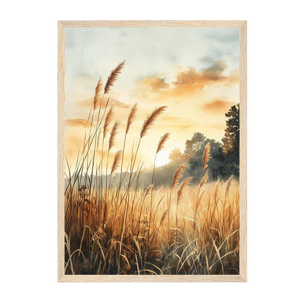 Watercolor Nature Landscape Art Print: Golden Meadow Sunset with Soft Warm Light