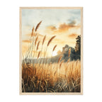 Watercolor Nature Landscape Art Print: Golden Meadow Sunset with Soft Warm Light