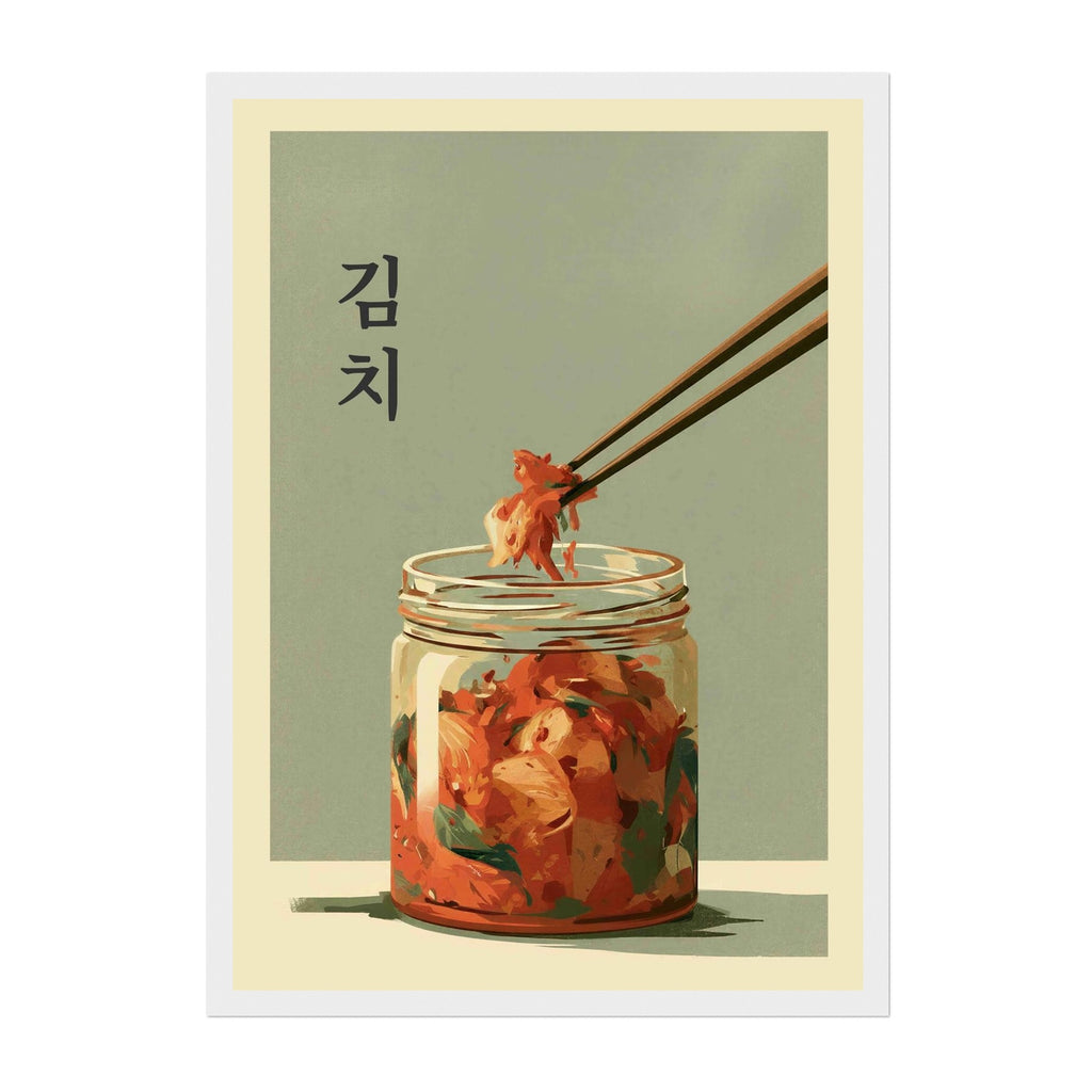 A stylized art print featuring Korean kimchi in a glass jar with chopsticks lifting a piece, set against a muted sage background with the Korean word '생이' on the left.