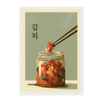 A stylized art print featuring Korean kimchi in a glass jar with chopsticks lifting a piece, set against a muted sage background with the Korean word '생이' on the left.