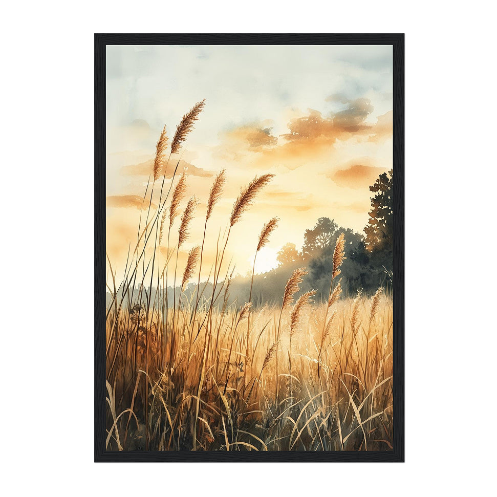 Watercolor Nature Landscape Art Print: Golden Meadow Sunset with Soft Warm Light