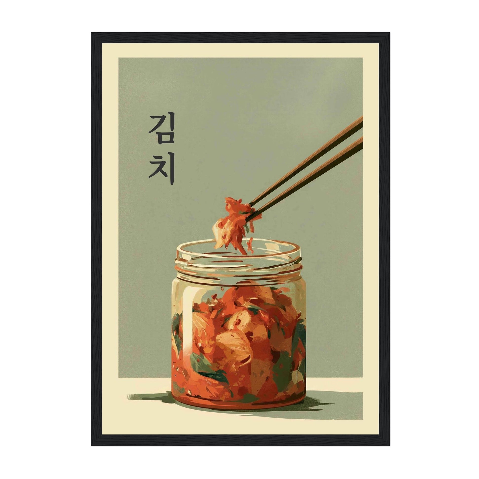 A framed art print featuring a stylized illustration of Korean kimchi in a glass jar, with chopsticks lifting a piece. The print has a muted sage green background, black Korean text reading '생이', and a cream border with a thin black frame.