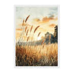 Watercolor Nature Landscape Art Print: Golden Meadow Sunset with Soft Warm Light
