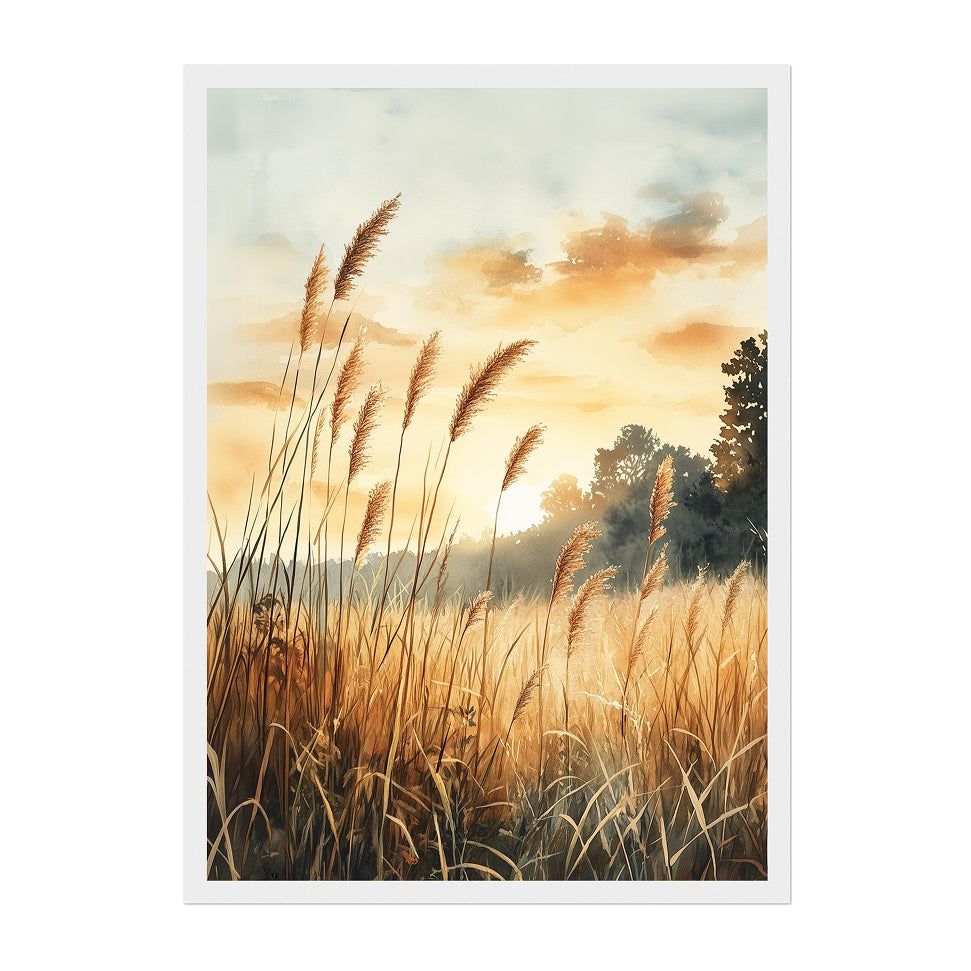 Watercolor Nature Landscape Art Print: Golden Meadow Sunset with Soft Warm Light