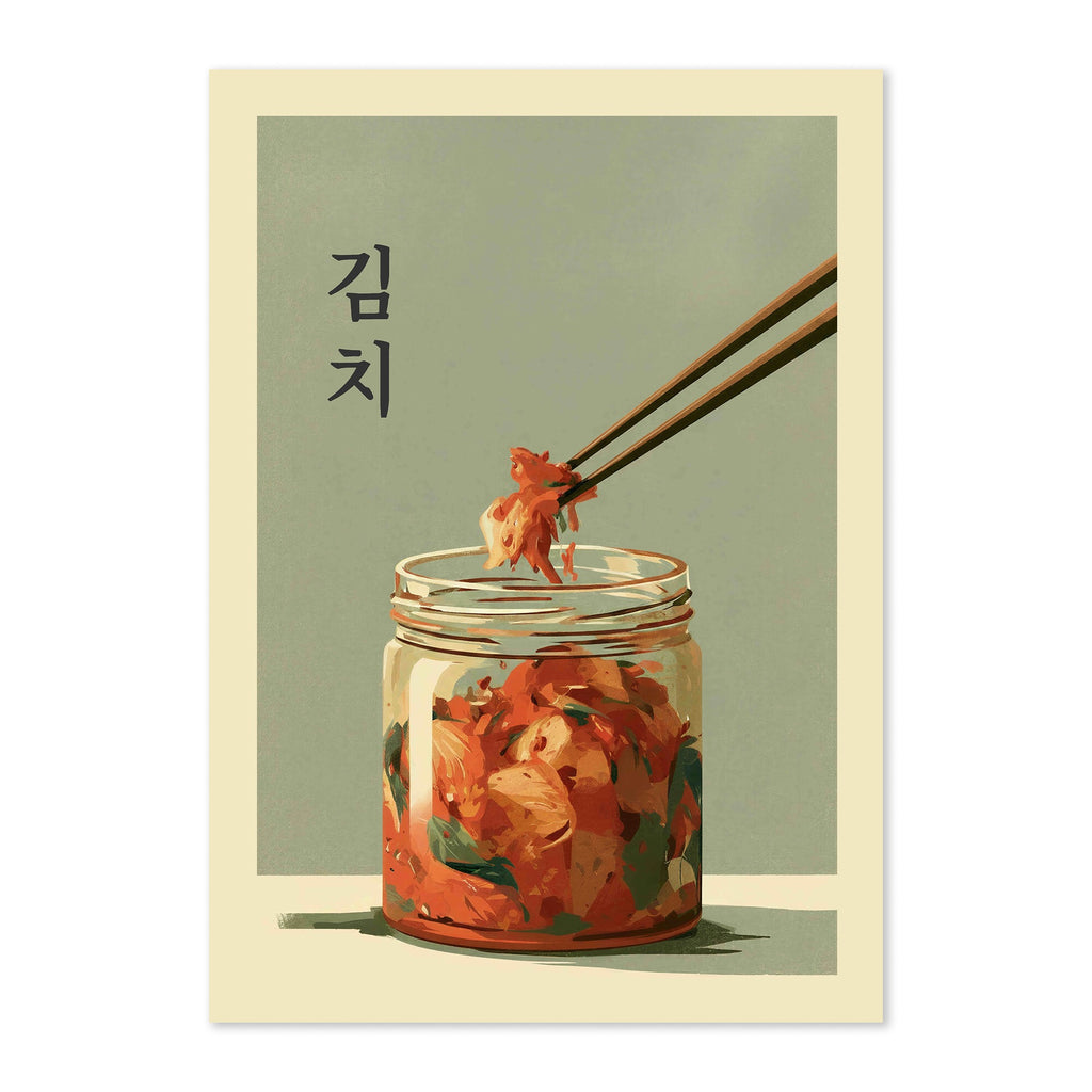 A stylized art print featuring Korean kimchi in a glass jar with chopsticks lifting a piece, set on a cream background with a muted sage panel and black Korean text.