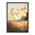 Watercolor Nature Landscape Art Print: Golden Meadow Sunset with Soft Warm Light