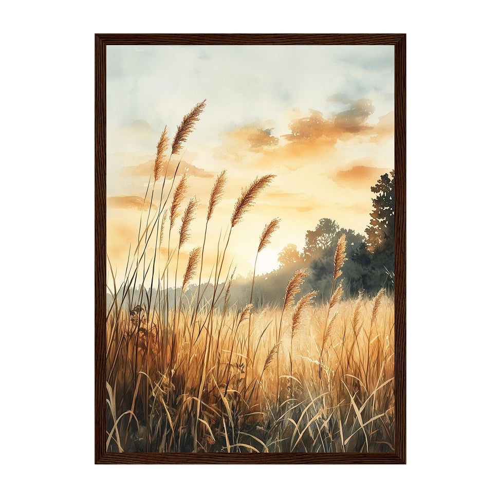 Watercolor Nature Landscape Art Print: Golden Meadow Sunset with Soft Warm Light