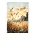 Watercolor Nature Landscape Art Print: Golden Meadow Sunset with Soft Warm Light