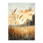 Watercolor Nature Landscape Art Print: Golden Meadow Sunset with Soft Warm Light