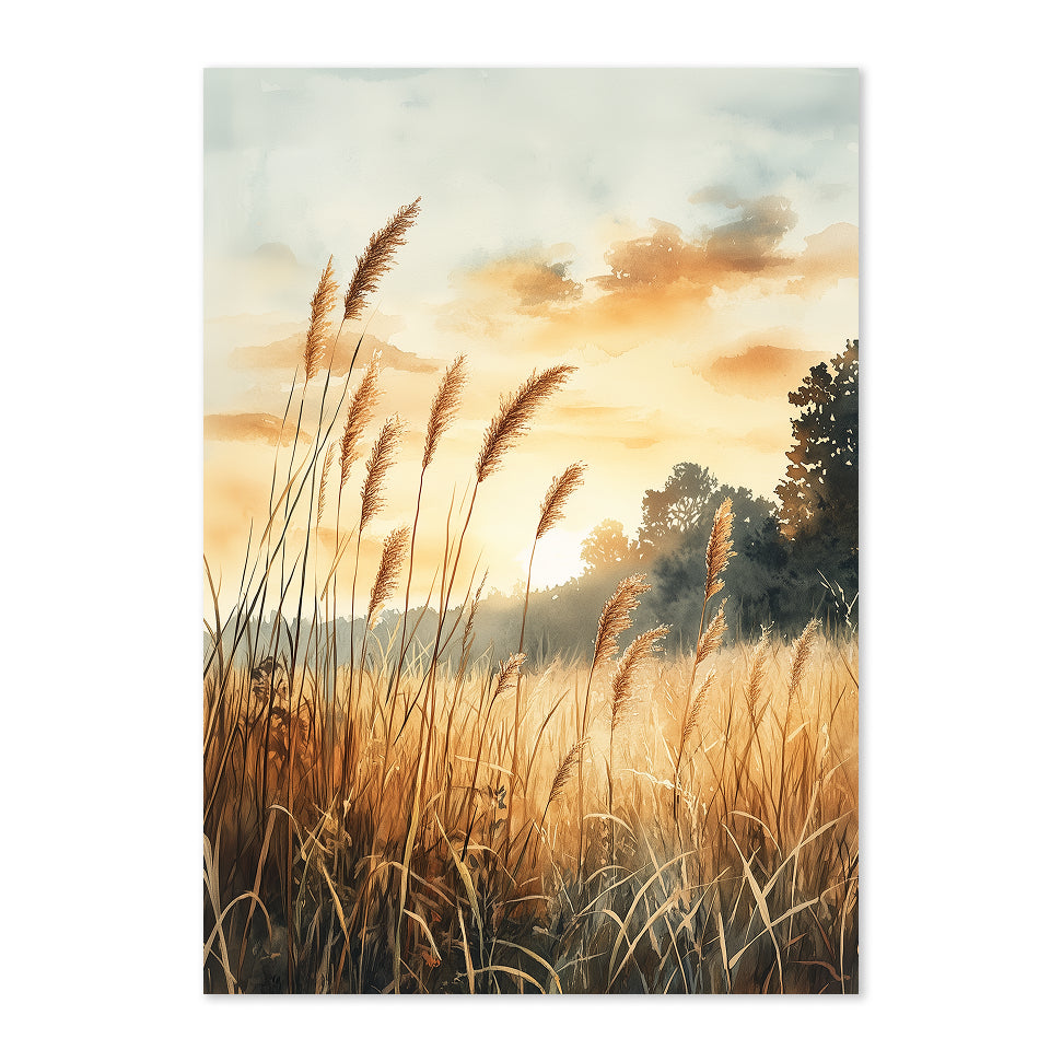 Watercolor Nature Landscape Art Print: Golden Meadow Sunset with Soft Warm Light