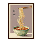 A framed art print featuring a stylized illustration of a bowl of ramen with chopsticks lifting the noodles. The print has a beige background, Korean text on the left, and a dark brown frame.