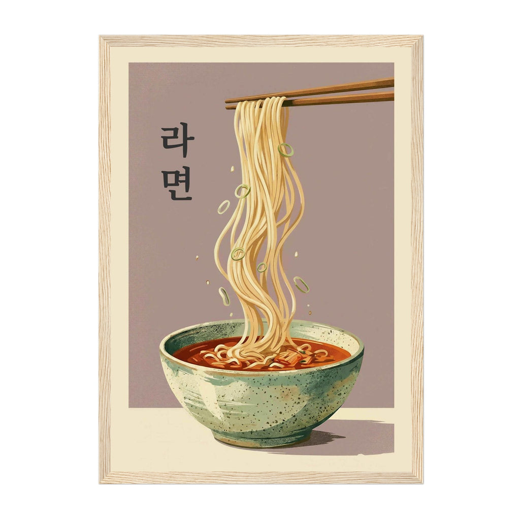 A framed art print featuring a stylized illustration of Korean ramen, with chopsticks lifting noodles from a bowl of red broth. The print has a beige border and Korean text on the left, shown against a plain white background.
