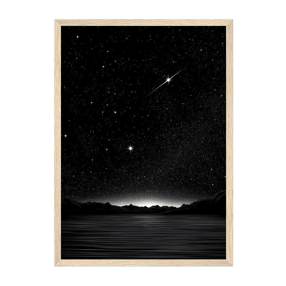 Minimalist Night Sky Print: Black and White Starry Mountain Horizon