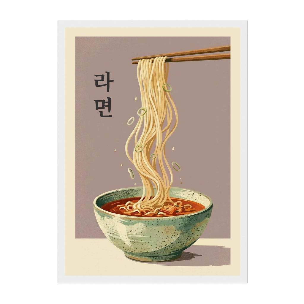 A stylized art print of Korean ramen, featuring a bowl of red broth and noodles being lifted by wooden chopsticks, with the Korean word '아말' on the left, set against a muted background.