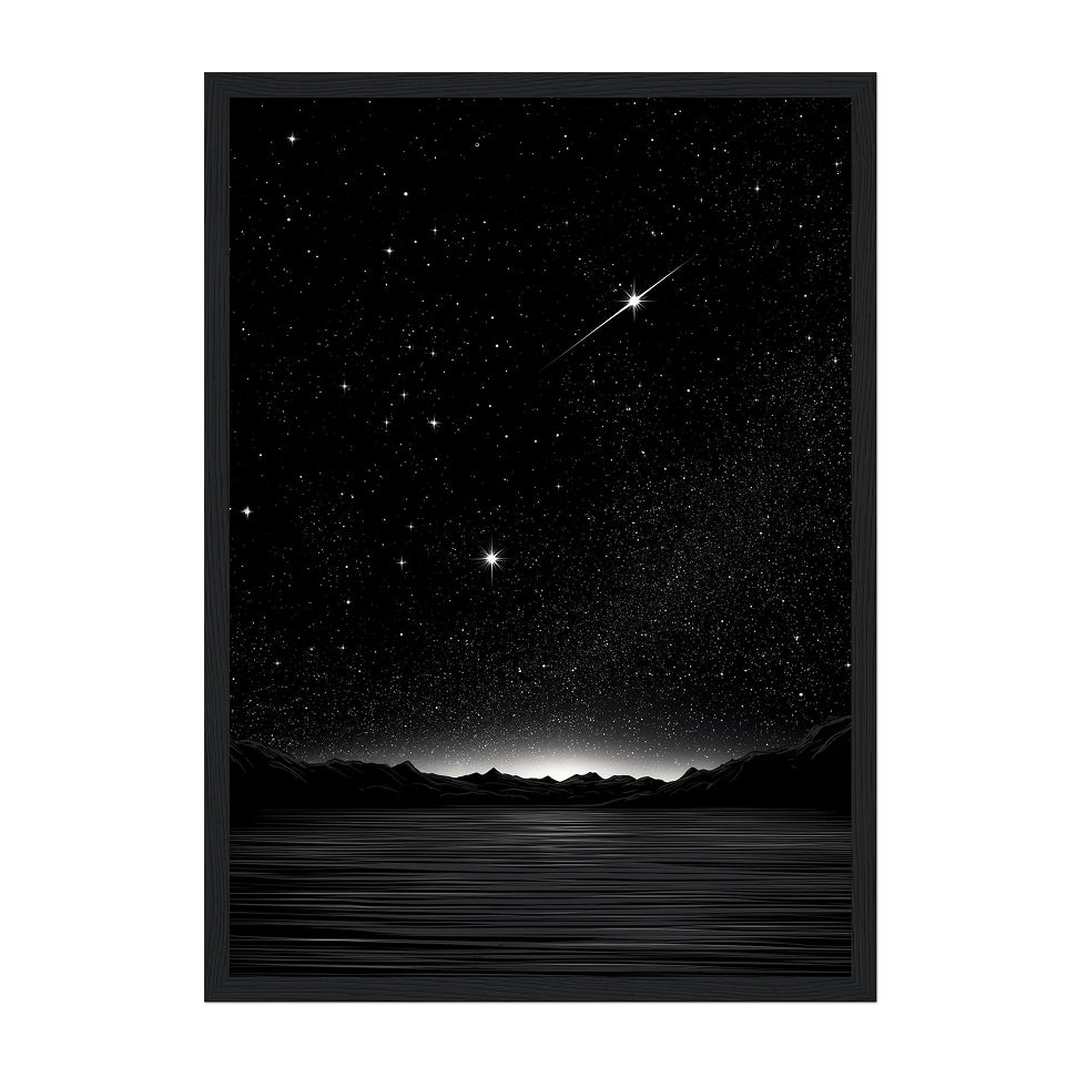 Minimalist Night Sky Print: Black and White Starry Mountain Horizon
