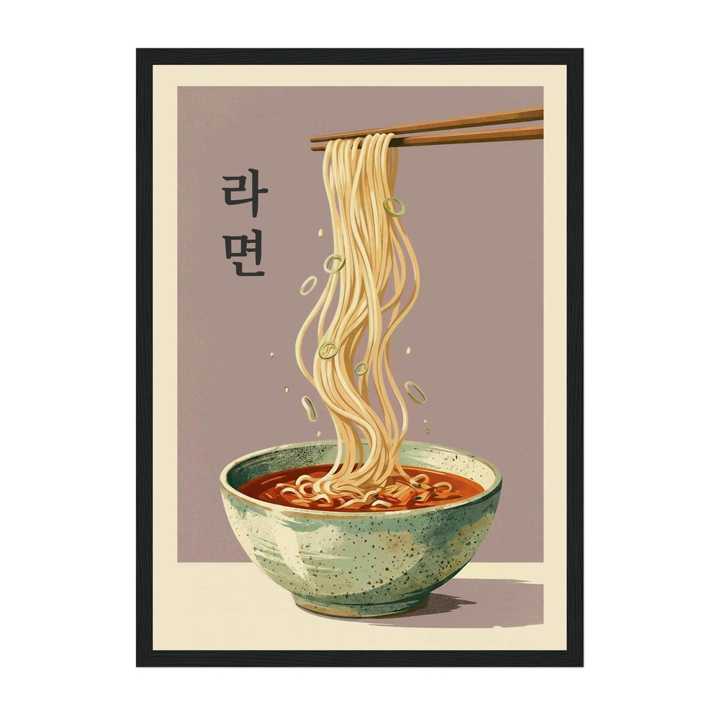 A framed art print featuring a stylized illustration of a bowl of ramen with chopsticks lifting the noodles. The print has a black frame, a cream inner border, and a muted mauve background with the word '아망' in black Korean text.