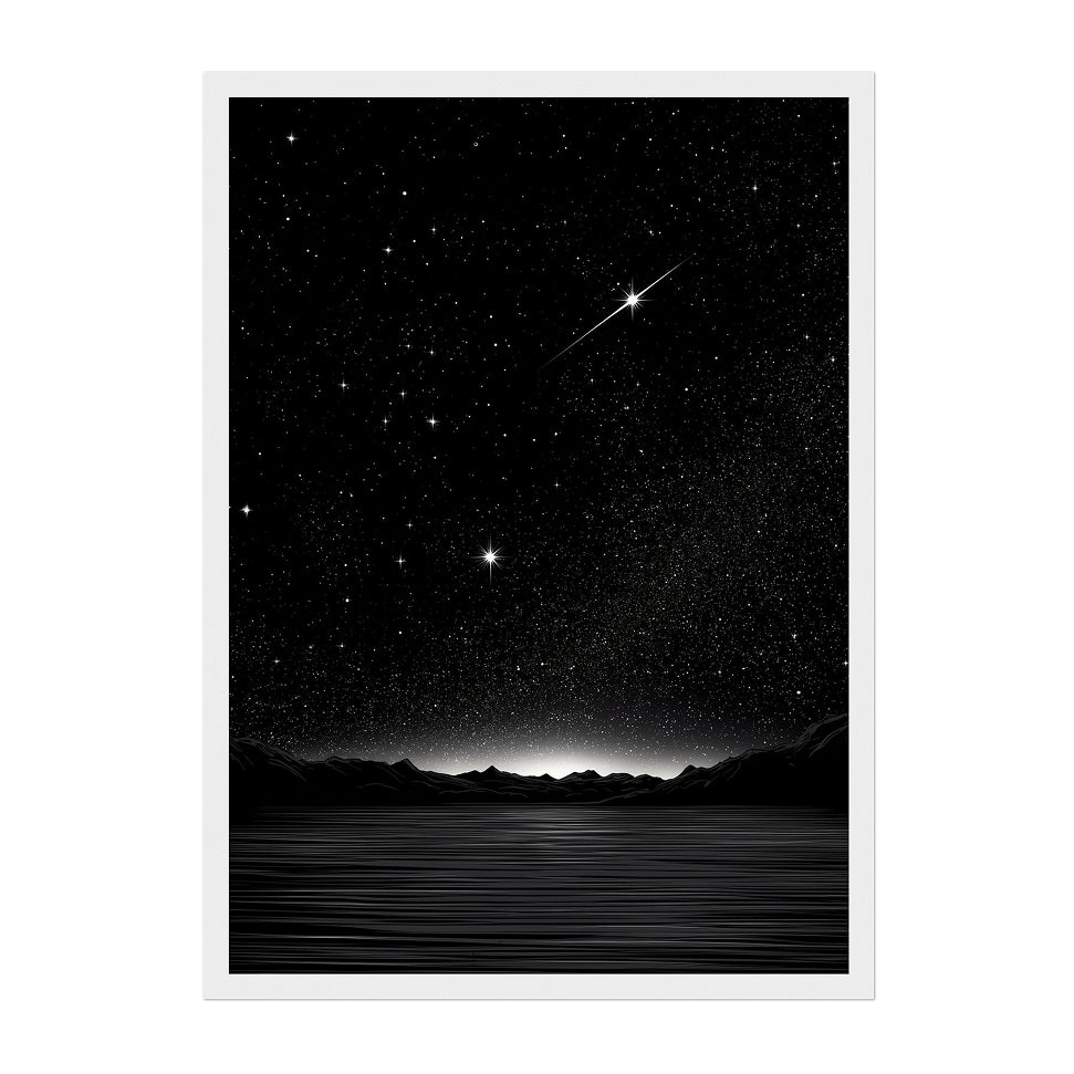 Minimalist Night Sky Print: Black and White Starry Mountain Horizon