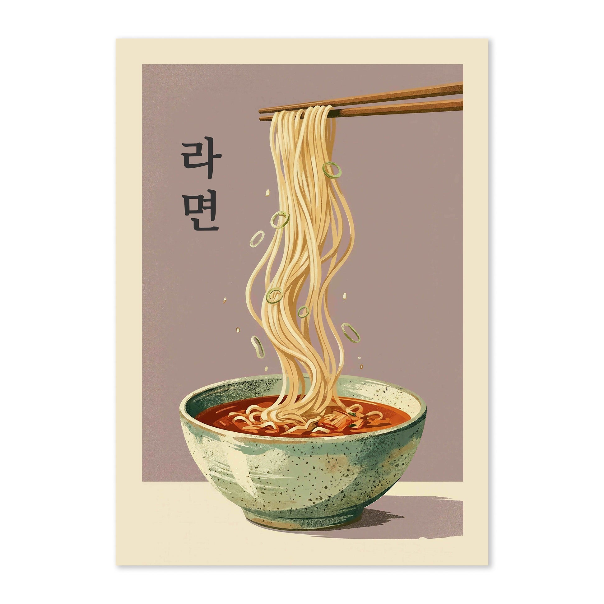 A vertical art print featuring an illustration of a bowl of ramen with chopsticks lifting noodles, set against a muted mauve background with Korean text and a cream border.