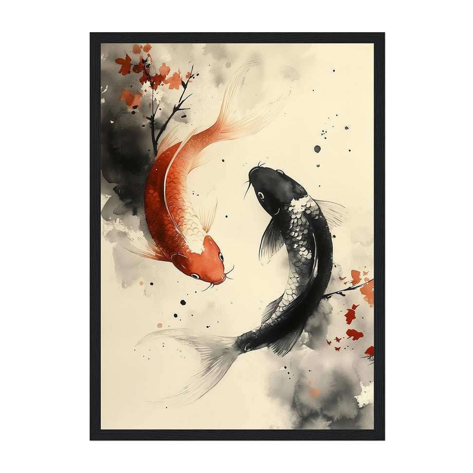 Japanese Ink Koi Fish Art Print: Red Black Calm Balance Water Scene