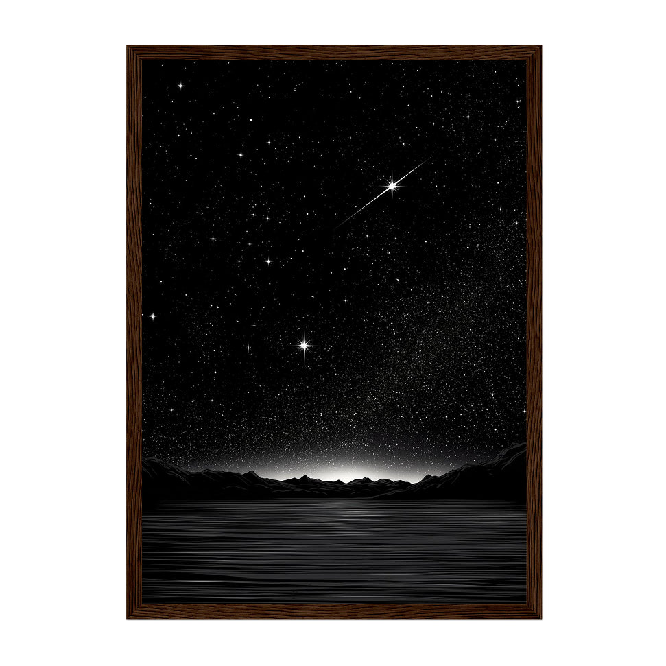 Minimalist Night Sky Print: Black and White Starry Mountain Horizon