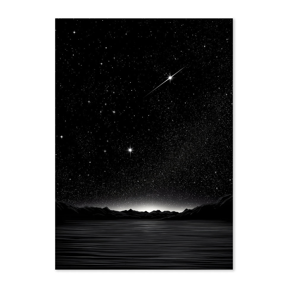 Minimalist Night Sky Print: Black and White Starry Mountain Horizon