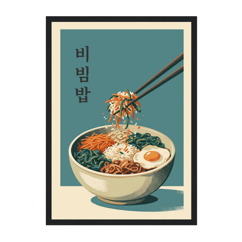 A framed art print featuring a stylized illustration of a bowl of Korean bibimbap noodles with chopsticks lifting a portion of the noodles, set against a teal background with vertical Korean text on the left.