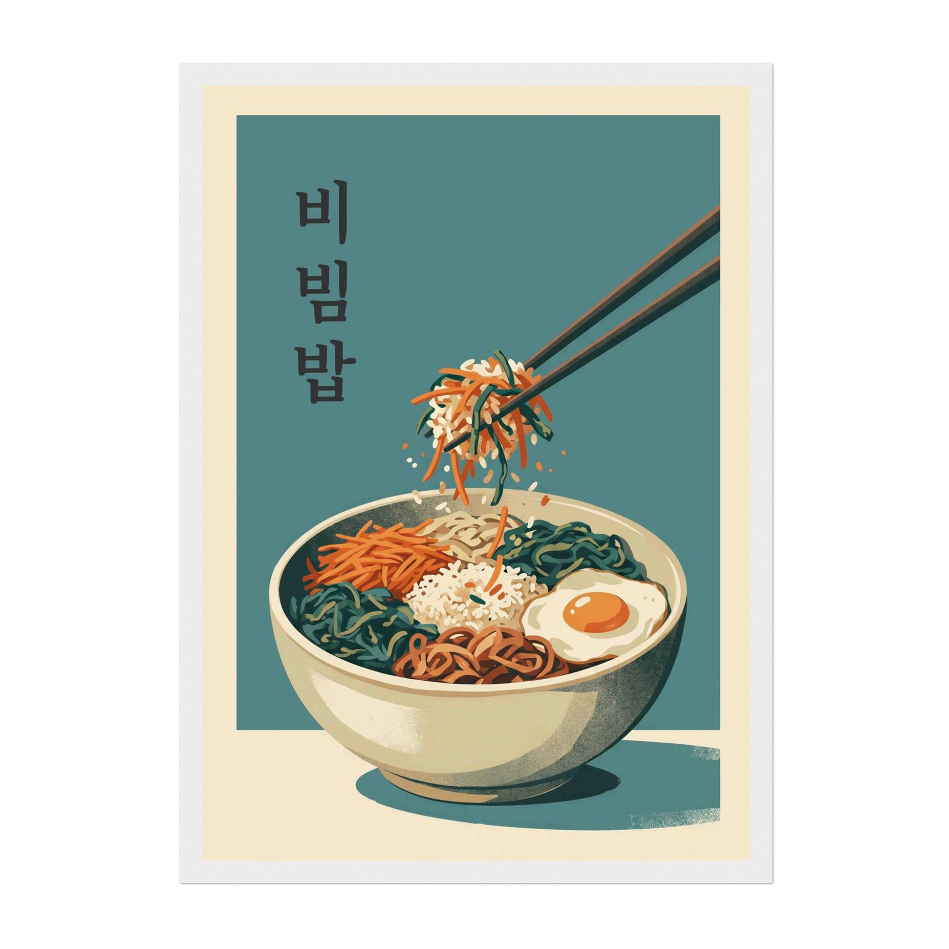 A stylized poster or print showing a bowl of bibimbap noodles with chopsticks lifting a strand of noodles, on a teal background with Korean text and a cream border.