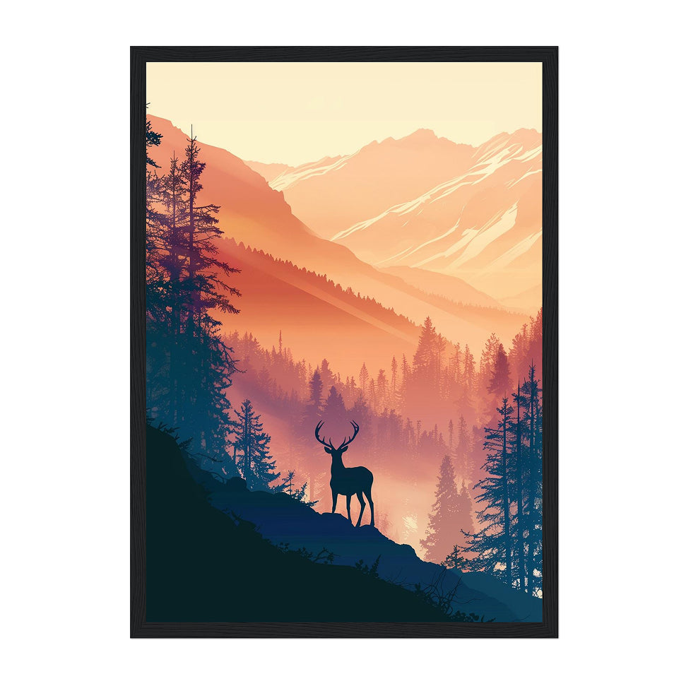 Deer in Misty Forest Art Print: Cabin Lodge Wall Decor