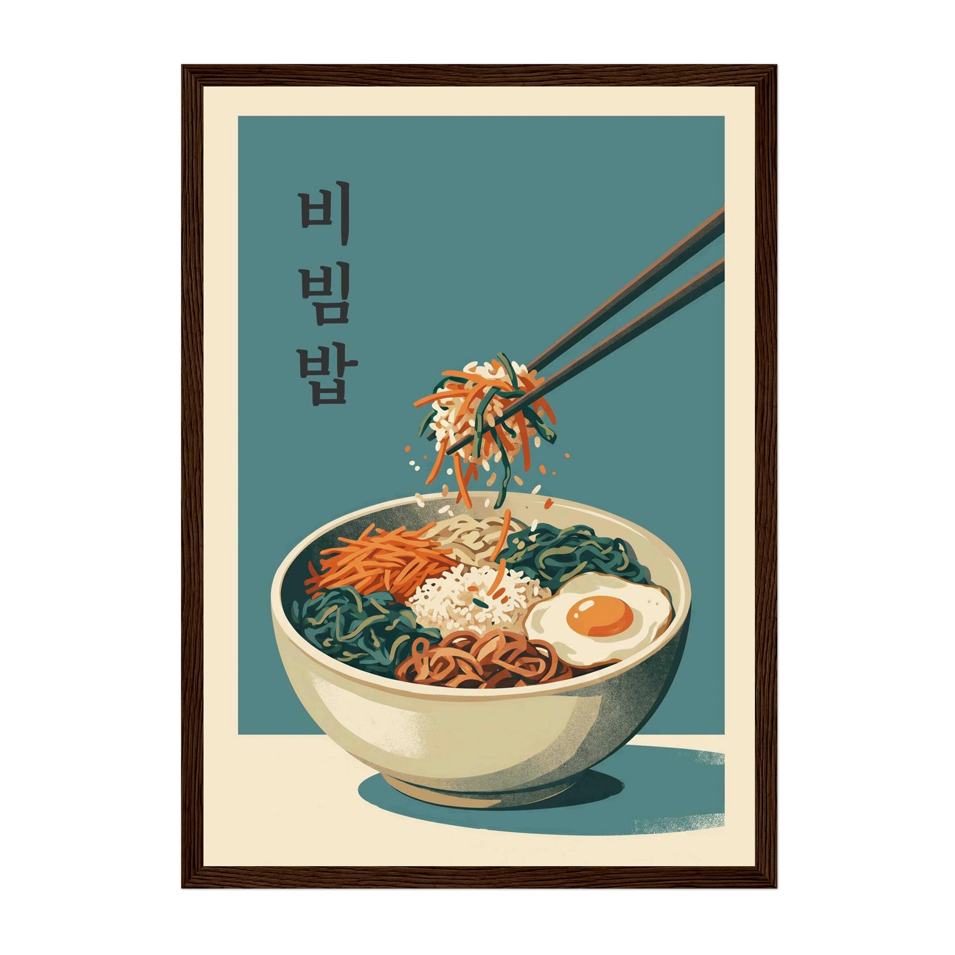 A framed art print featuring a stylized illustration of a Korean bowl of bibimbap noodles with chopsticks lifting a portion of the noodles, set against a teal background with vertical Korean text on the left.