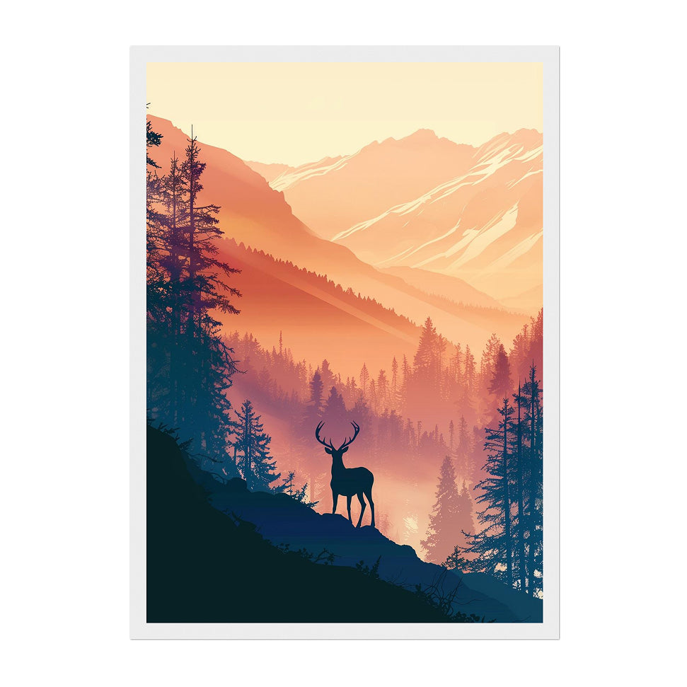 Deer in Misty Forest Art Print: Cabin Lodge Wall Decor