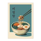 A stylized poster or print showing a bowl of Korean bibimbap noodles with chopsticks lifting a portion of the mixed vegetables and rice. The artwork has a teal background, black Korean text on the left, and a cream border around the print.