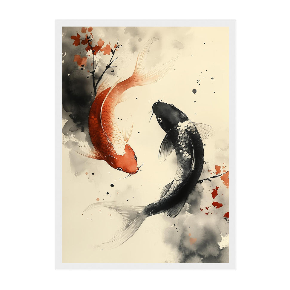 Japanese Ink Koi Fish Art Print: Red Black Calm Balance Water Scene