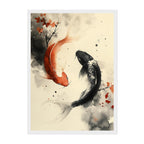 Japanese Ink Koi Fish Art Print: Red Black Calm Balance Water Scene