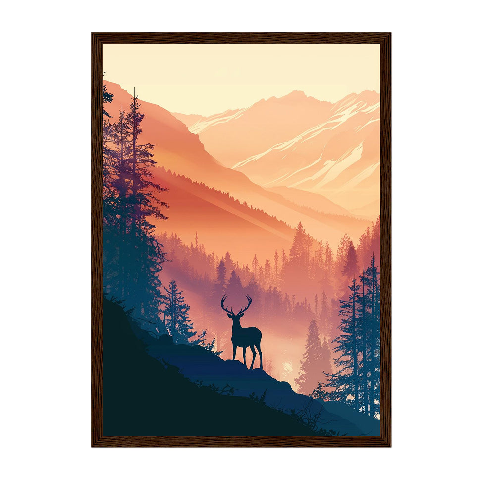Deer in Misty Forest Art Print: Cabin Lodge Wall Decor