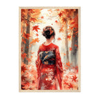 Japanese Autumn Kimono Art Print: Red Maple Leaves Serene Forest Scene