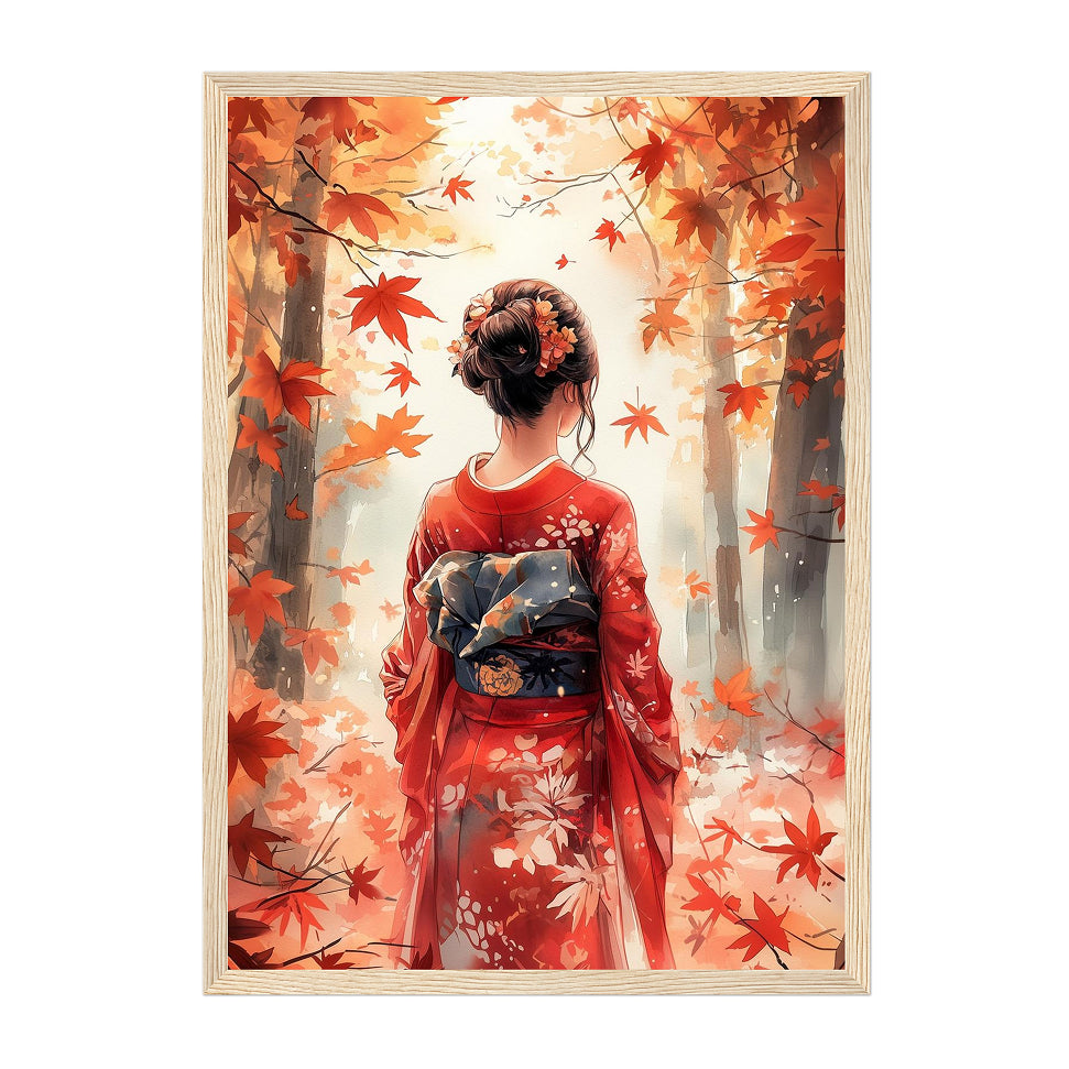 Japanese Autumn Kimono Art Print: Red Maple Leaves Serene Forest Scene