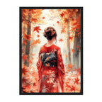 Japanese Autumn Kimono Art Print: Red Maple Leaves Serene Forest Scene